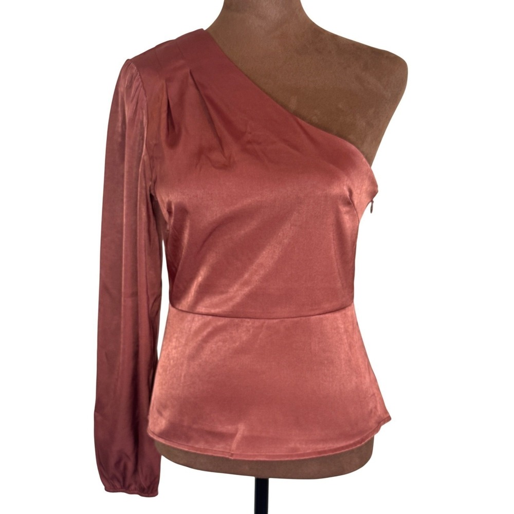 Lulus One Shoulder Top Women XS Rust Rose Gold‎ Satin Cocktail NWT Bronze Top - Picture 8 of 8